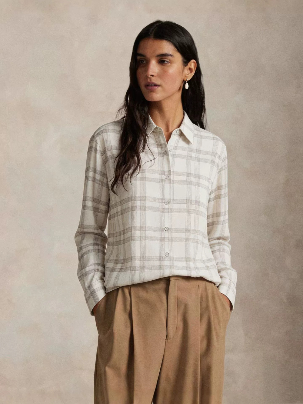 Zara Autumn Classic Office Beige Brown Striped Plaid Long Sleeve Blouse